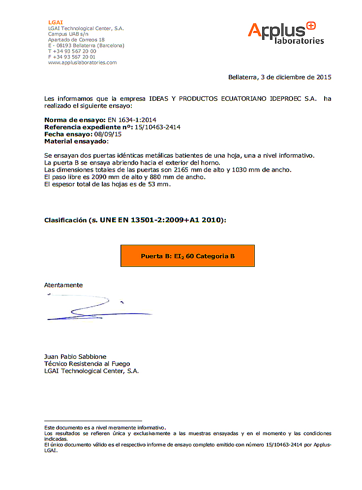 Puertas Fortaleza - Certificado