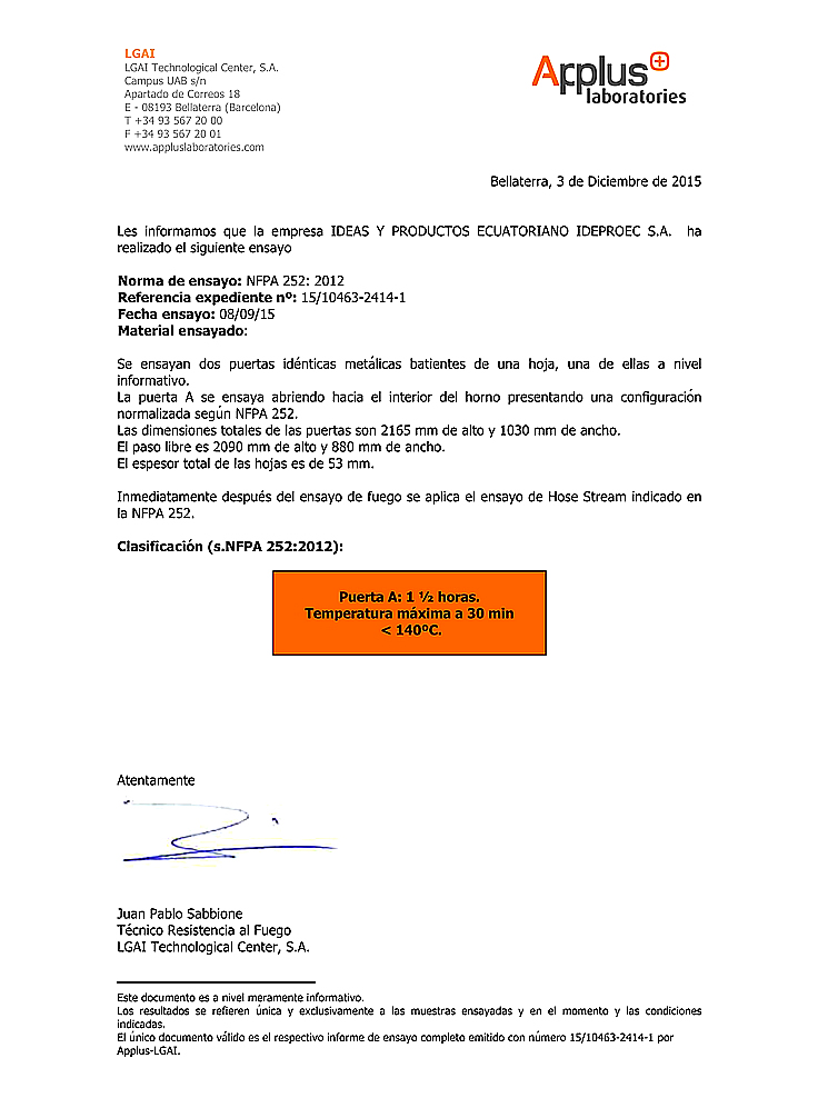 Puertas Fortaleza - Certificado